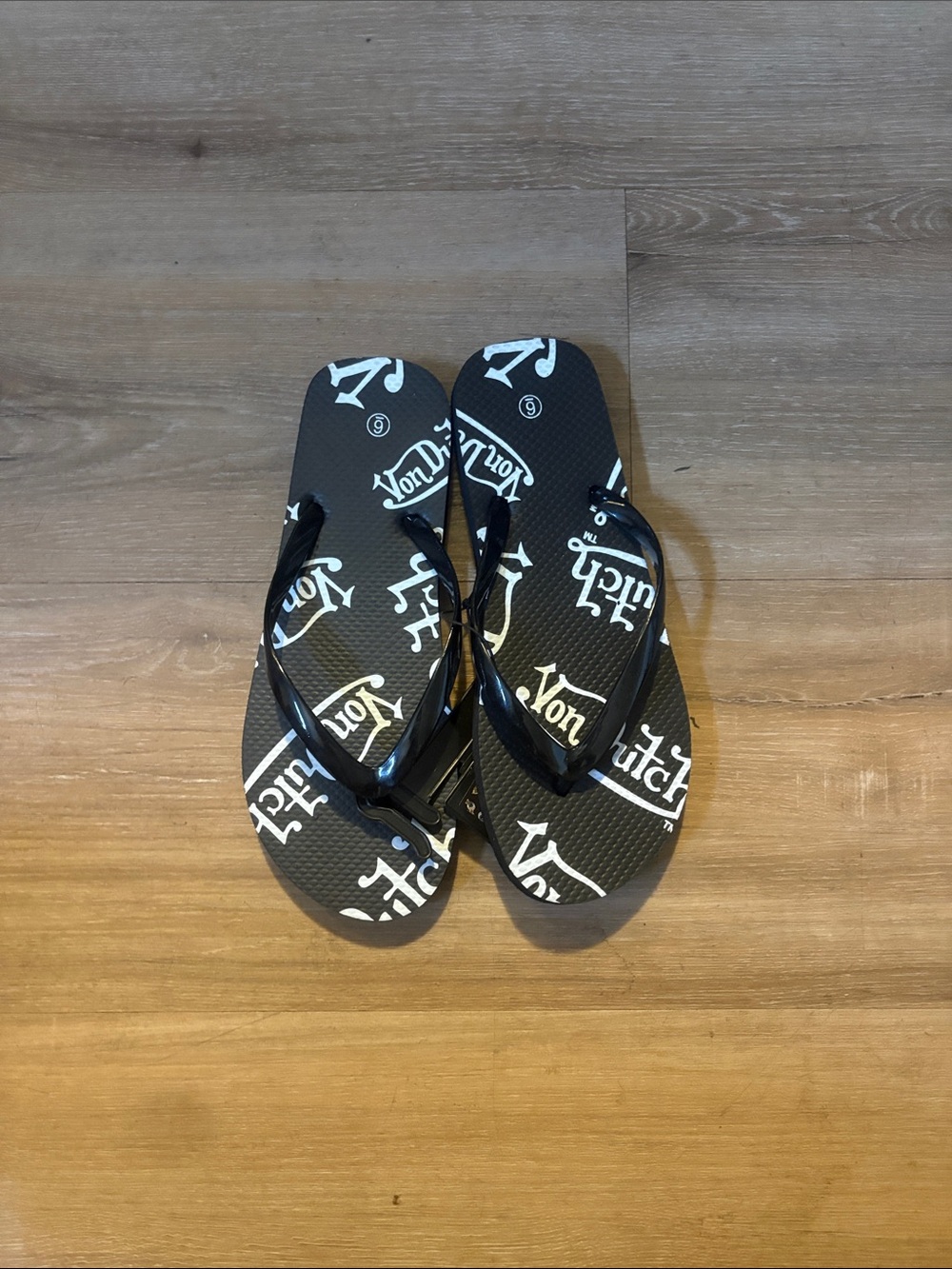 Von Dutch Black Flip Flops with White Logo Print